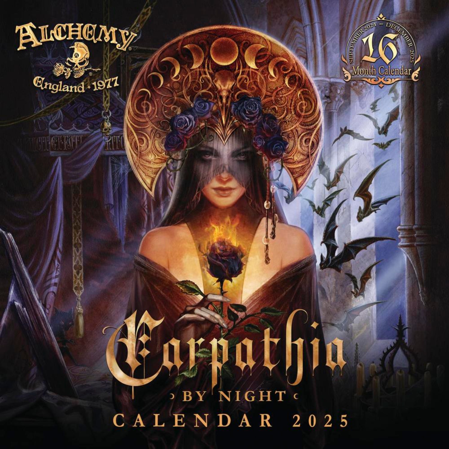 Cover of Alchemy 1977 Gothic 2025 Calendar featuring a mysterious gothic woman with a golden crescent moon headdress adorned with blue roses. She holds a glowing, mystical black rose, surrounded by bats flying in a dimly lit, gothic cathedral setting. The design captures an atmosphere of dark mysticism and Halloween-inspired elegance.