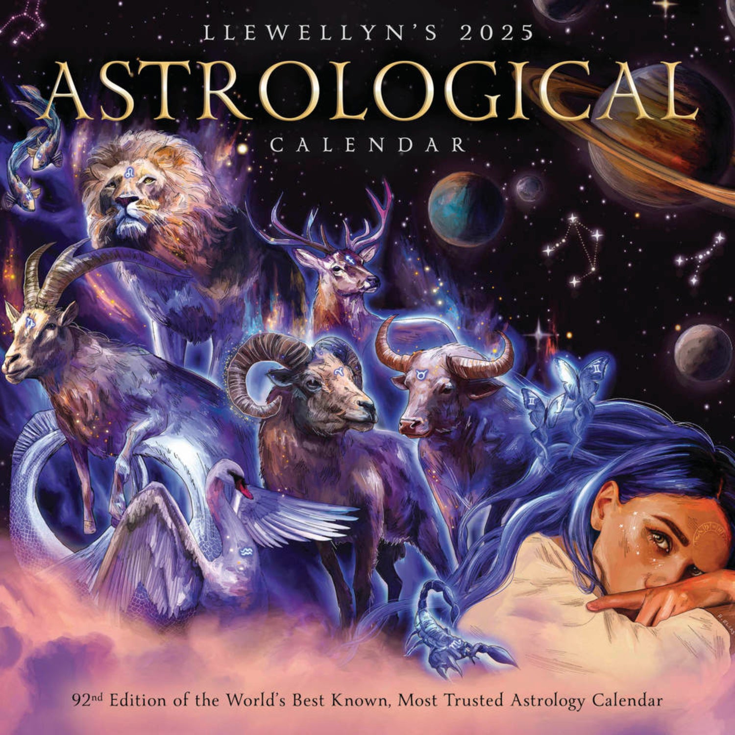 Cover of Llewellyn's 2025 Astrological Calendar featuring celestial artwork with astrological animals and symbols. The illustration includes a lion, goat, ram, bull, deer, swan, and constellations, set against a cosmic background with planets and stars. A woman with long blue hair gazes thoughtfully, embodying a mystical and astrological theme.