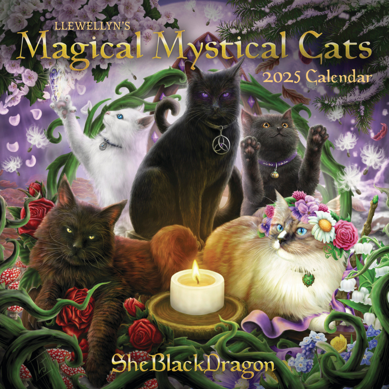 Cover of Llewellyn's 2025 Magical Mystical Cats Calendar featuring a group of enchanting cats in a mystical garden setting. The cats, adorned with magical accessories like necklaces and flower crowns, surround a glowing candle, with vibrant flowers and vines enhancing the whimsical atmosphere.